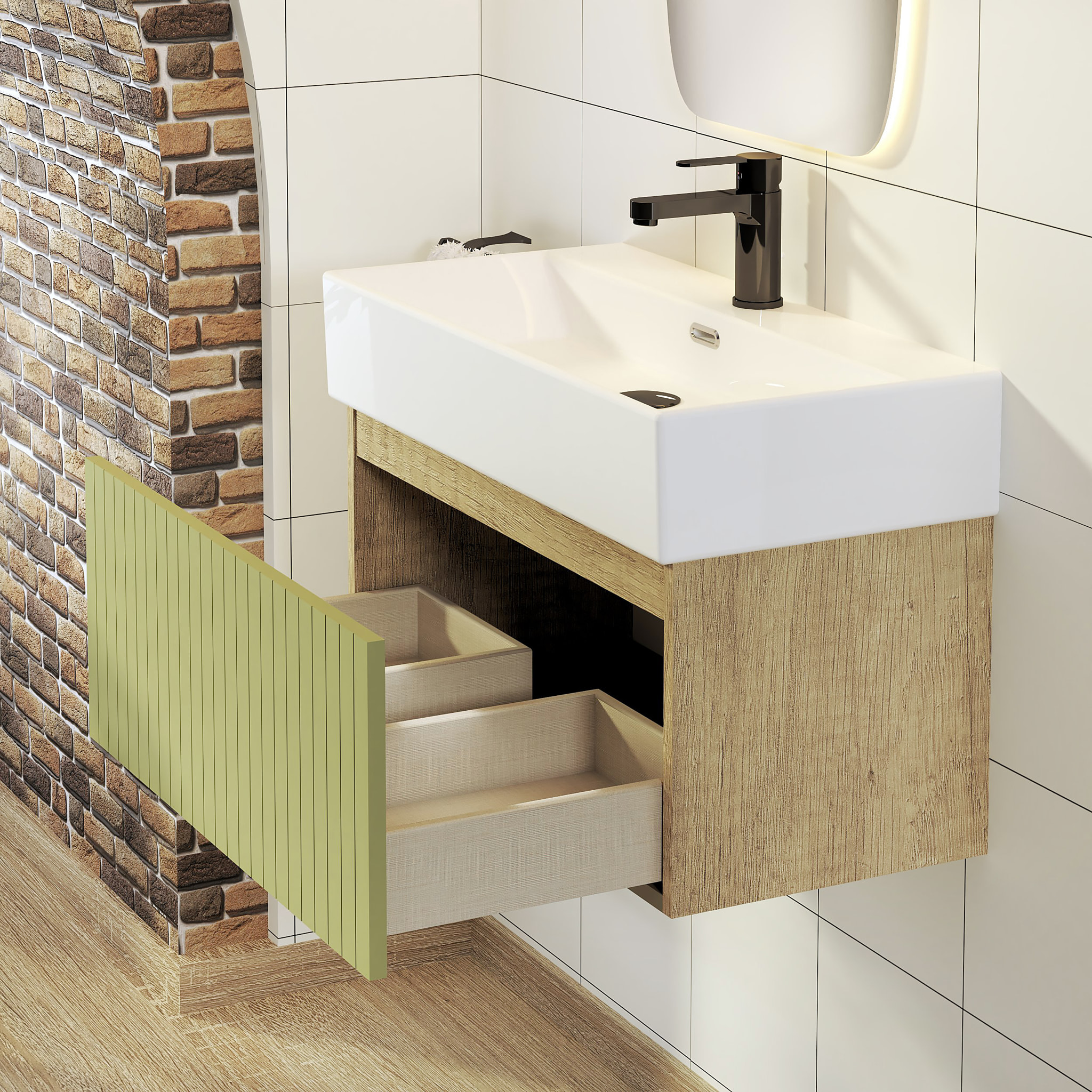 Conjunto de Baño Zel | Mueble Suspendido | 70 cm Verde | Un Cajón | Lavabo Encastrado | No incluye Espejo | Mueble Montado| Alday