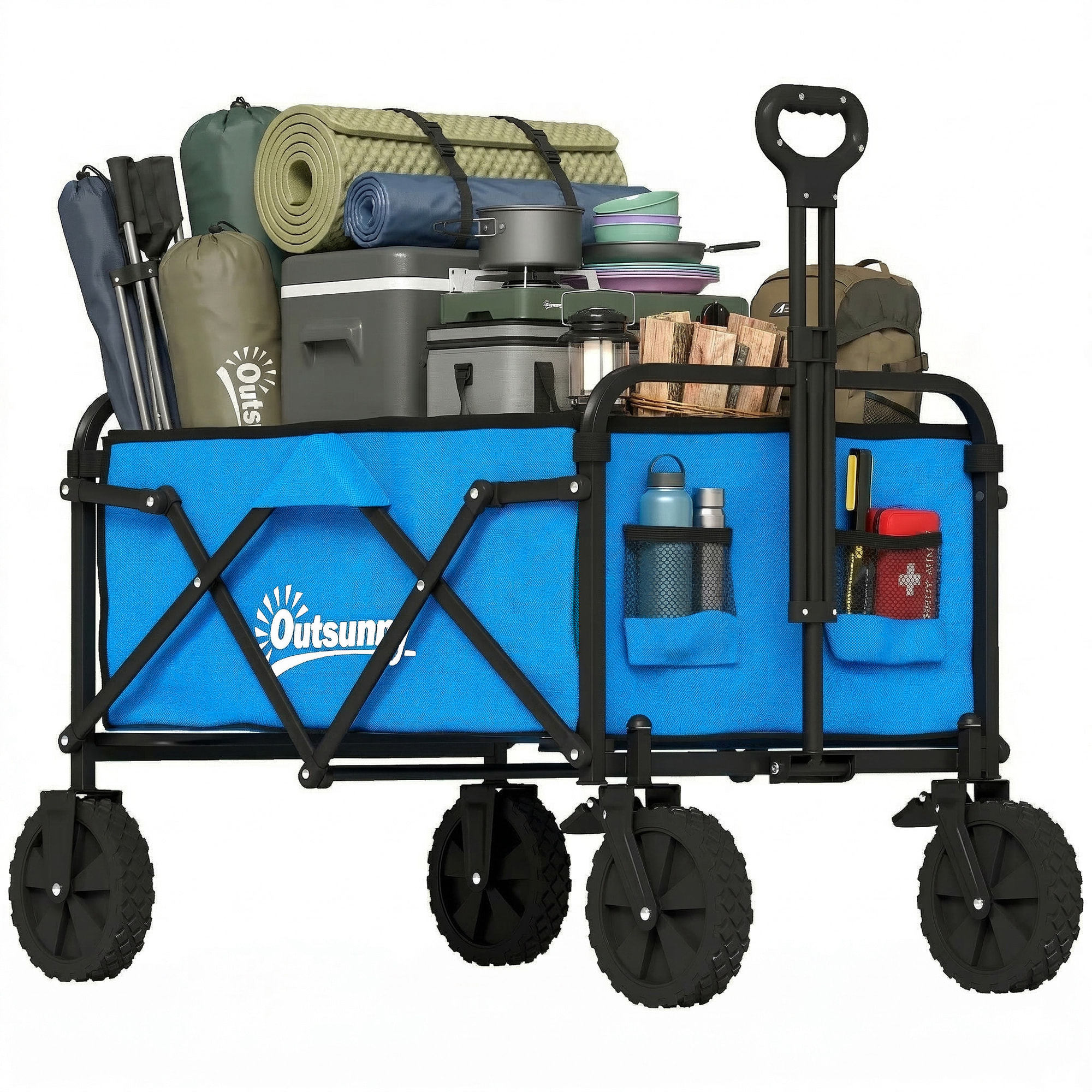 Carro Playa con Ruedas Grandes Bloqueables, Carro de Jardín Plegable con Mango Ajustable, Portavasos y Marco de Metal, Carga 80 kg, Carrito Transporte para Jardín, Campaña, Compras, Azul