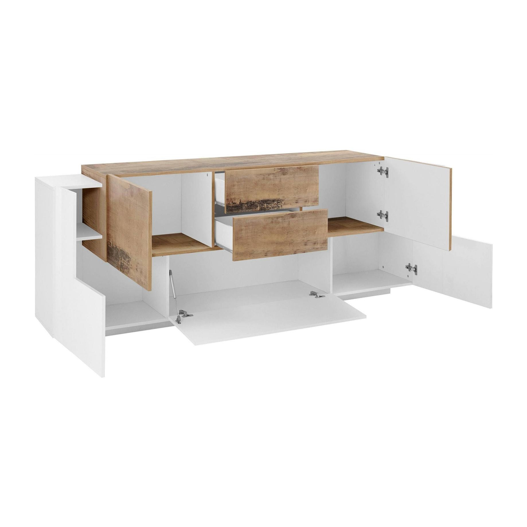 Credenza moderna a 5 ante e 2 cassetti, Made in Italy, Madia da cucina, Buffet di design da soggiorno, cm 220x45h86, colore Bianco lucido e Acero