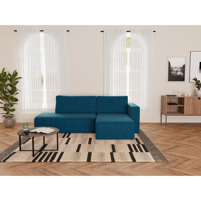 Topaze - canapé d'angle droit 4 places convertible avec coffre sans accoudoir en velours côtelé - Bleu