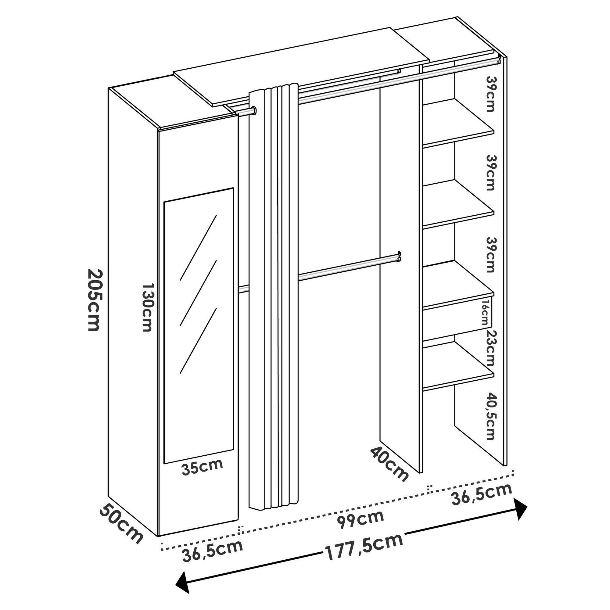 Guardaroba Rigi, Struttura per cabina armadio, Mobile appendiabiti aperto, 177x52h205 cm, Bianco e Antracite