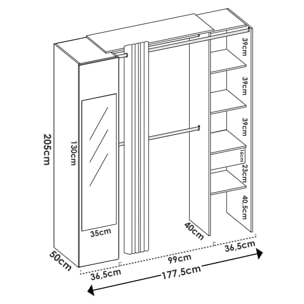 Guardaroba Rigi, Struttura per cabina armadio, Mobile appendiabiti aperto, 177x52h205 cm, Bianco e Antracite