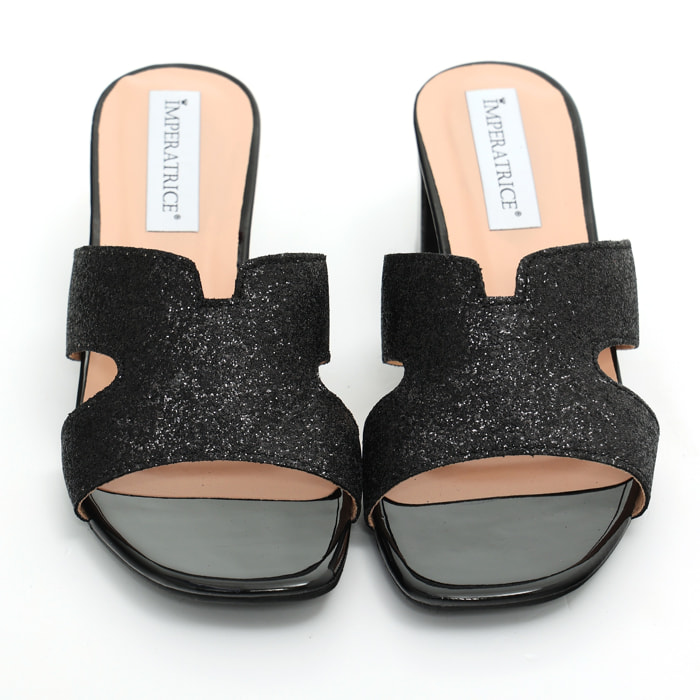 Sandali in simil pelle con tacco comodo e fascia brillantinata