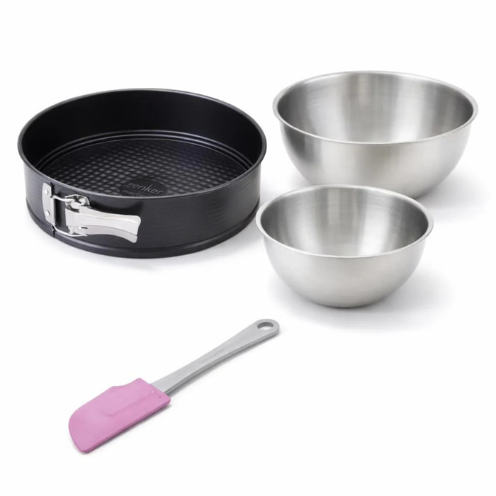 Lot avec 1 Moule à manqué à charnière, 1 spatule Zenker et 2 bols à mixer en inox Fackelmann