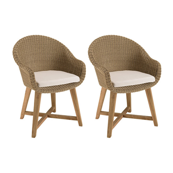 KALLY - Lot de 2 fauteuils jardin rotin synthétique et coussin pieds croisés