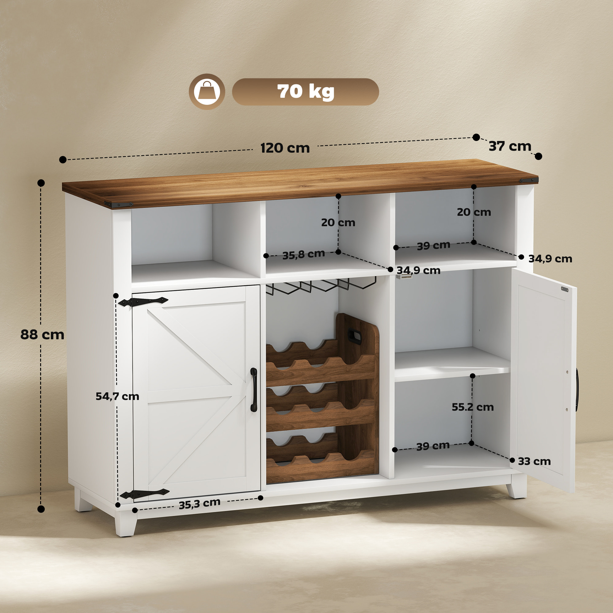 Aparador de Cocina con Botellero, Aparador con 2 Puertas de Granero, Estantes Ajustables y Soporte para Copas, para 9 Botellas, Buffet Auxiliar de Cocina para Comedor, Salón 120x37x88 cm Blanco