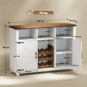 Aparador de Cocina con Botellero, Aparador con 2 Puertas de Granero, Estantes Ajustables y Soporte para Copas, para 9 Botellas, Buffet Auxiliar de Cocina para Comedor, Salón 120x37x88 cm Blanco