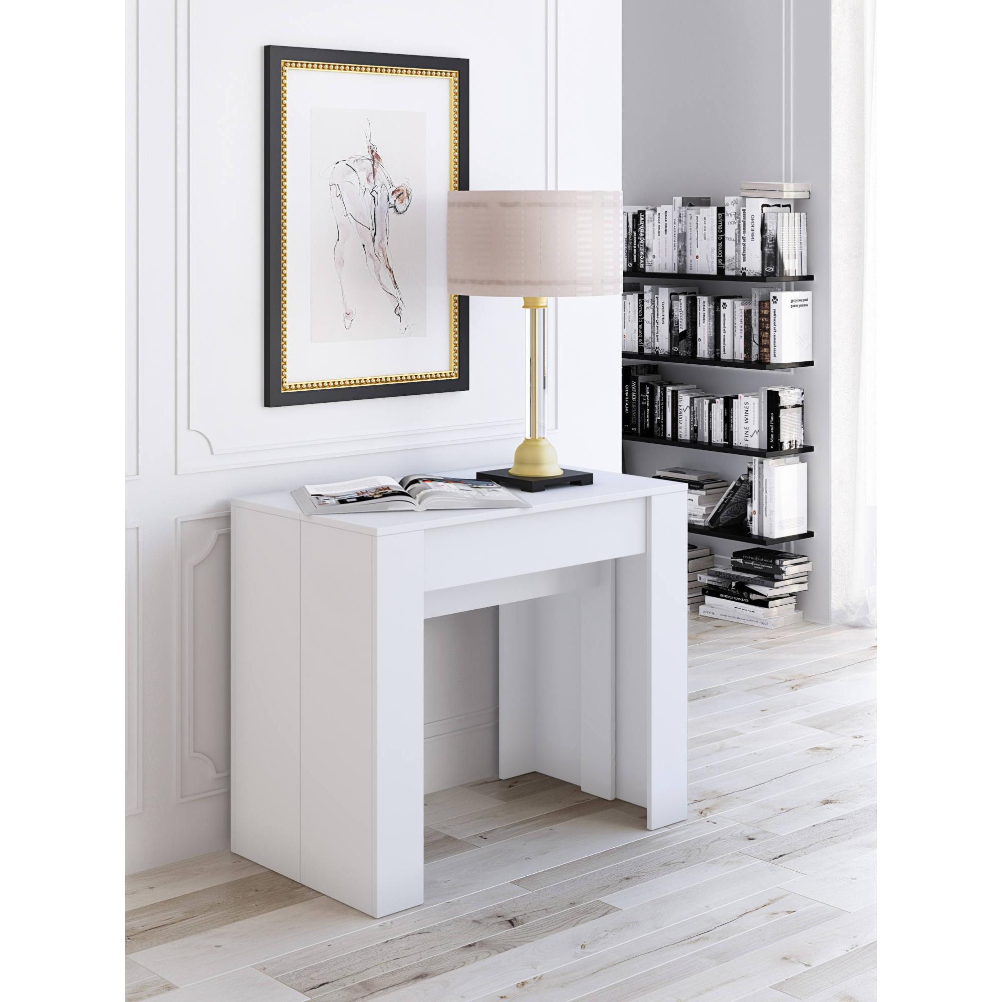 Tavolo da pranzo moderno, Consolle allungabile fino a 10 posti, Misure 90 x 51 x 77 cm (fino a 237 con allunghe), Colore Bianco