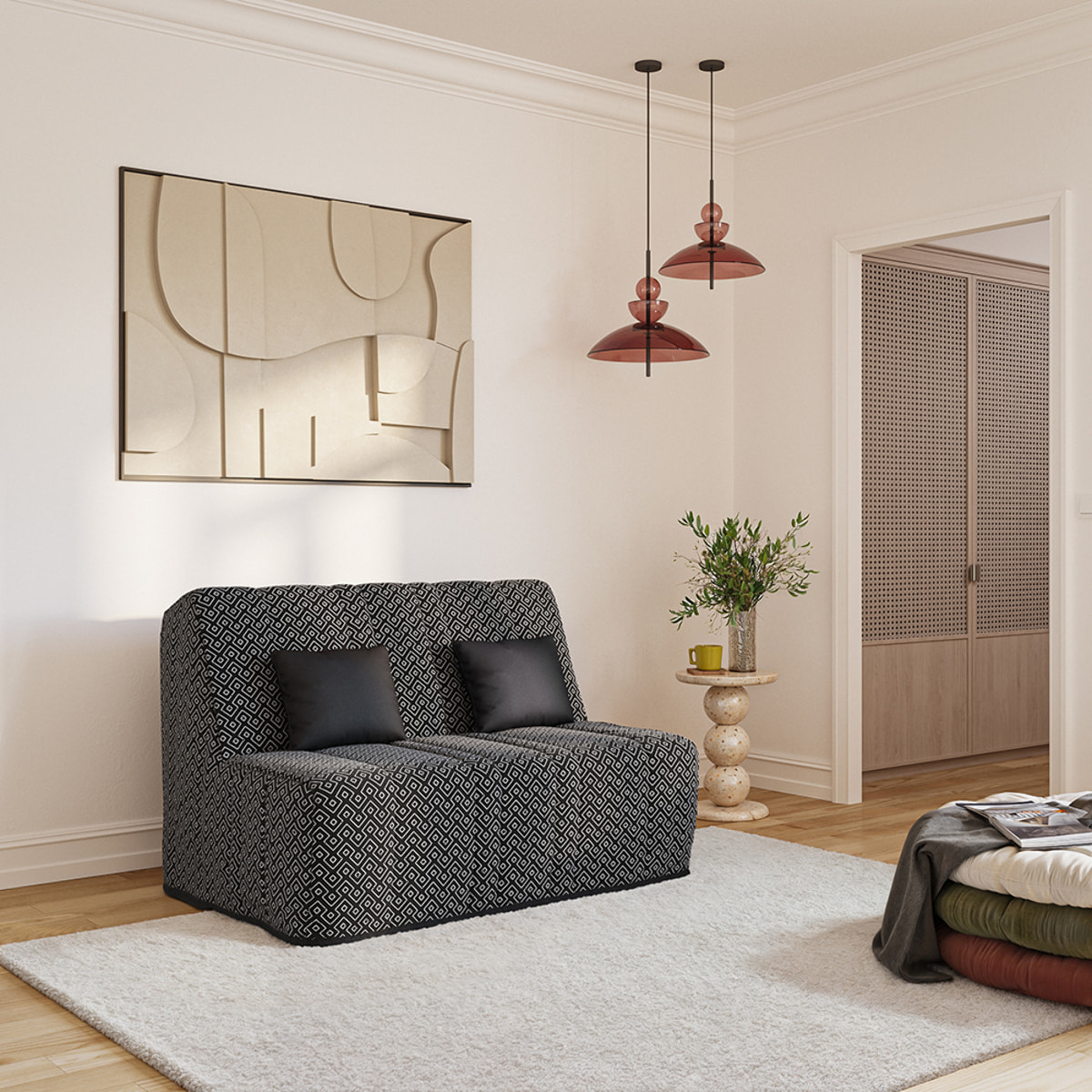 Banquette convertible Gaia, matelas Simmons, 160 x 200 cm, 2 coussins offerts, Géometrik noir