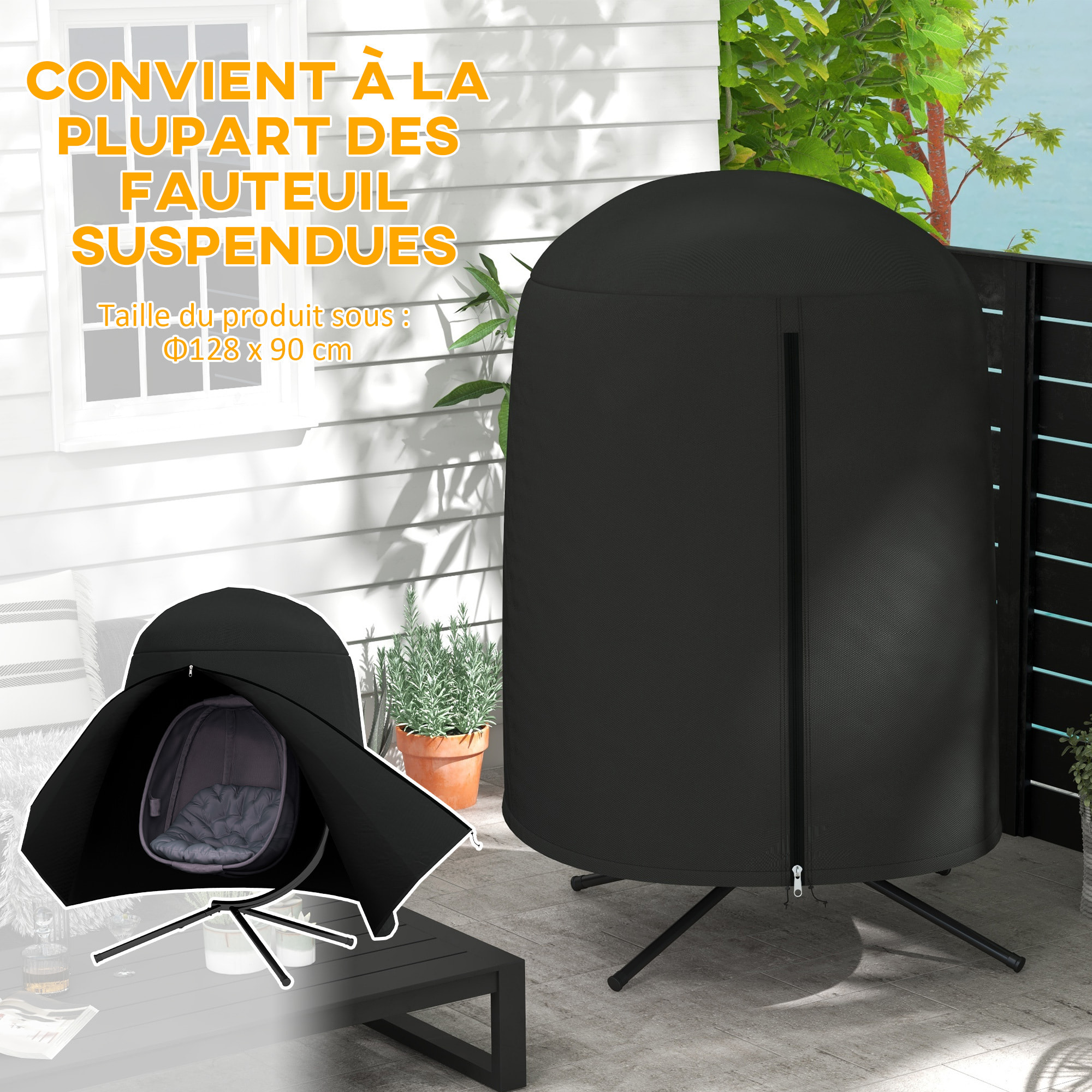 Housse de protection fauteuil suspendu de jardin - imperméable, zip - Ø 128 x 190H cm - noir