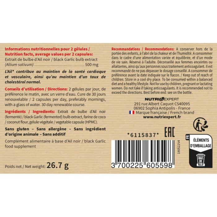 NUTRI EXPERT - Ail Noir Fermenté - Contribue au maintien de la santé cardiaque et vasculaire - Sans gluten - Lot de 2 produits