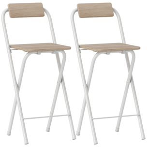 Lot de 2 tabourets de bar pliants avec dossier et repose-pieds acier blanc effet bois clair
