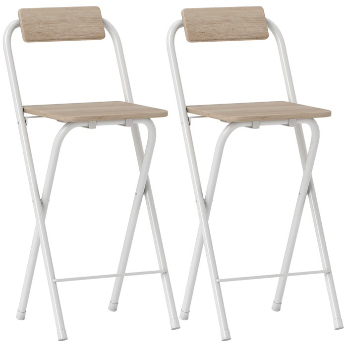 Lot de 2 tabourets de bar pliants avec dossier et repose-pieds acier blanc effet bois clair