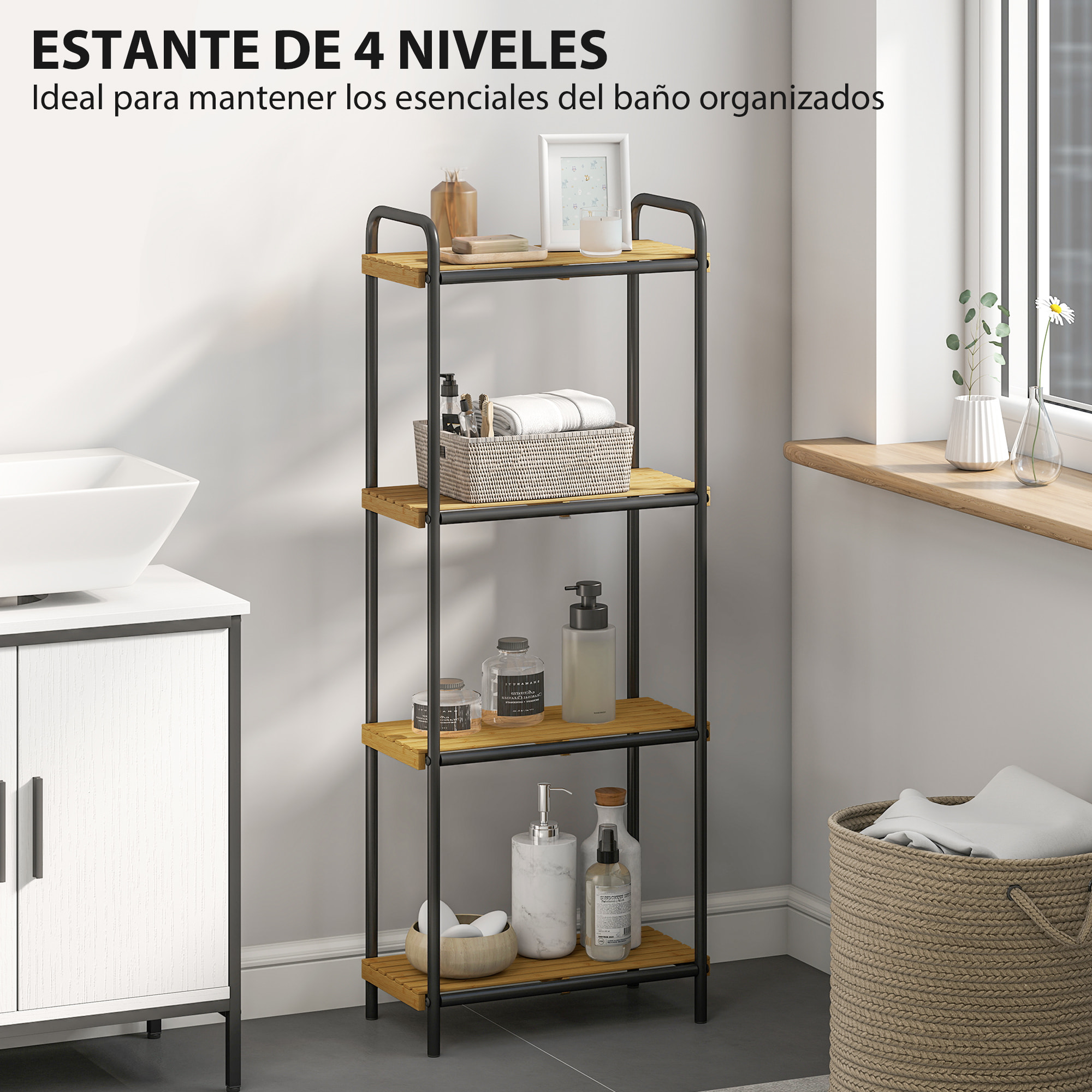 Estantería de Baño de Bambú de 4 Niveles Estantería de Almacenaje con 4 Baldas Abiertas Diseño de Lamas y Estructura de Acero para Cocina Baño Salón 41,5x21,5x106 cm Natural y Negro