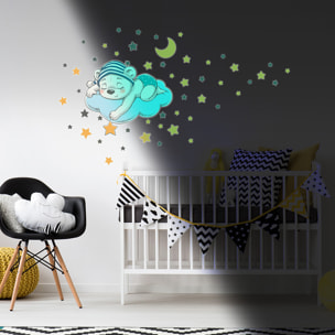 Sticker phosphorescent lumineux - OURSON RÊVEUR ET 50 ÉTOILES