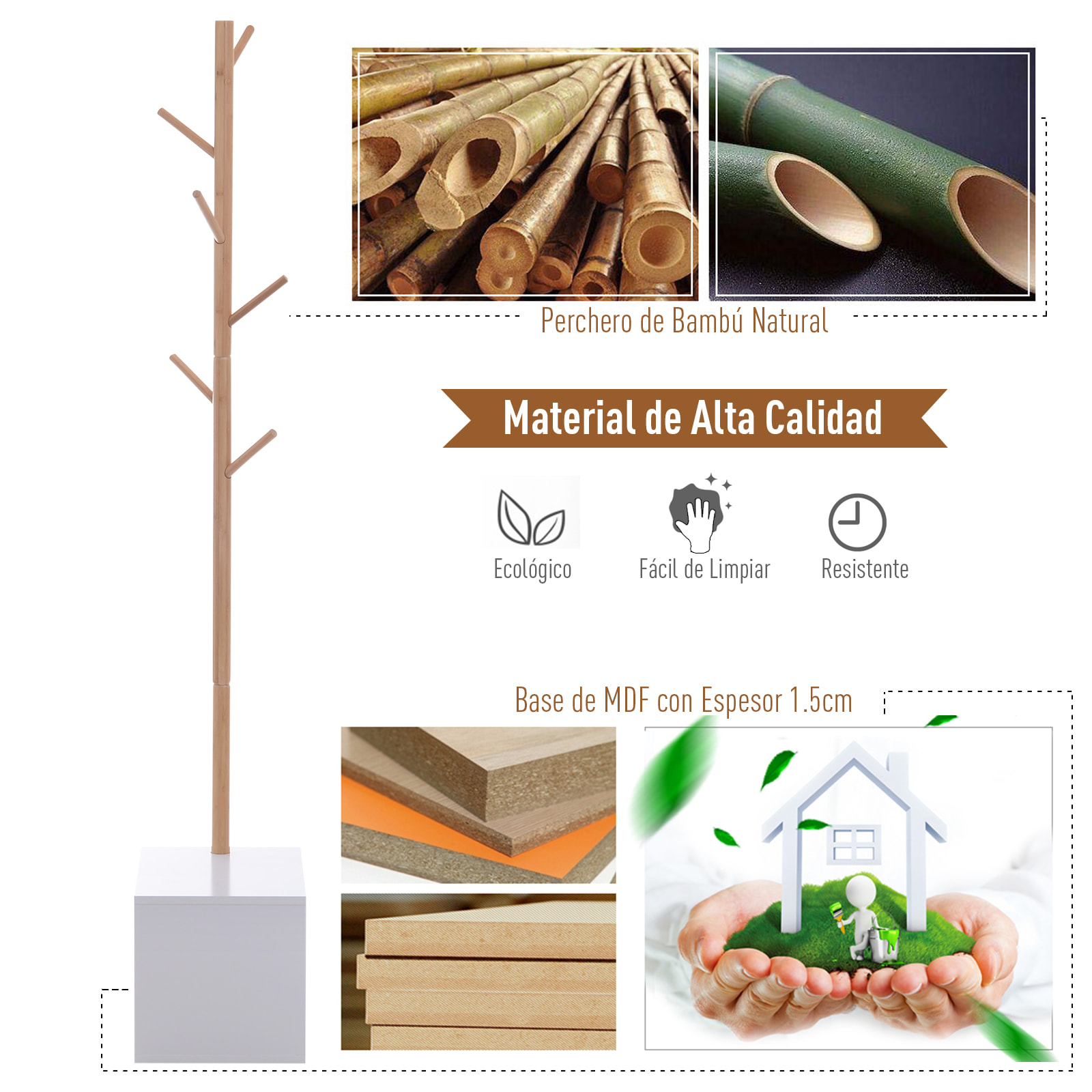 Perchero de Pie Tipo árbol de Bambú 40x30x180cm