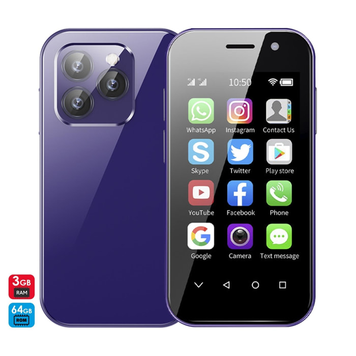 DAM Smartphone Mini 14 PRO 4G, Android 9.0, 3GB RAM + 64GB. Schermo da 3''. Doppia scheda SIM. 4,7x1,2x9,4 cm. Viola