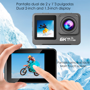 Camera Sportiva M82 TR 6k 30fps con 47,75 mpx, doppio schermo da 2" e 1.3" con una moltitudine di accessori sportivi e WIFI.