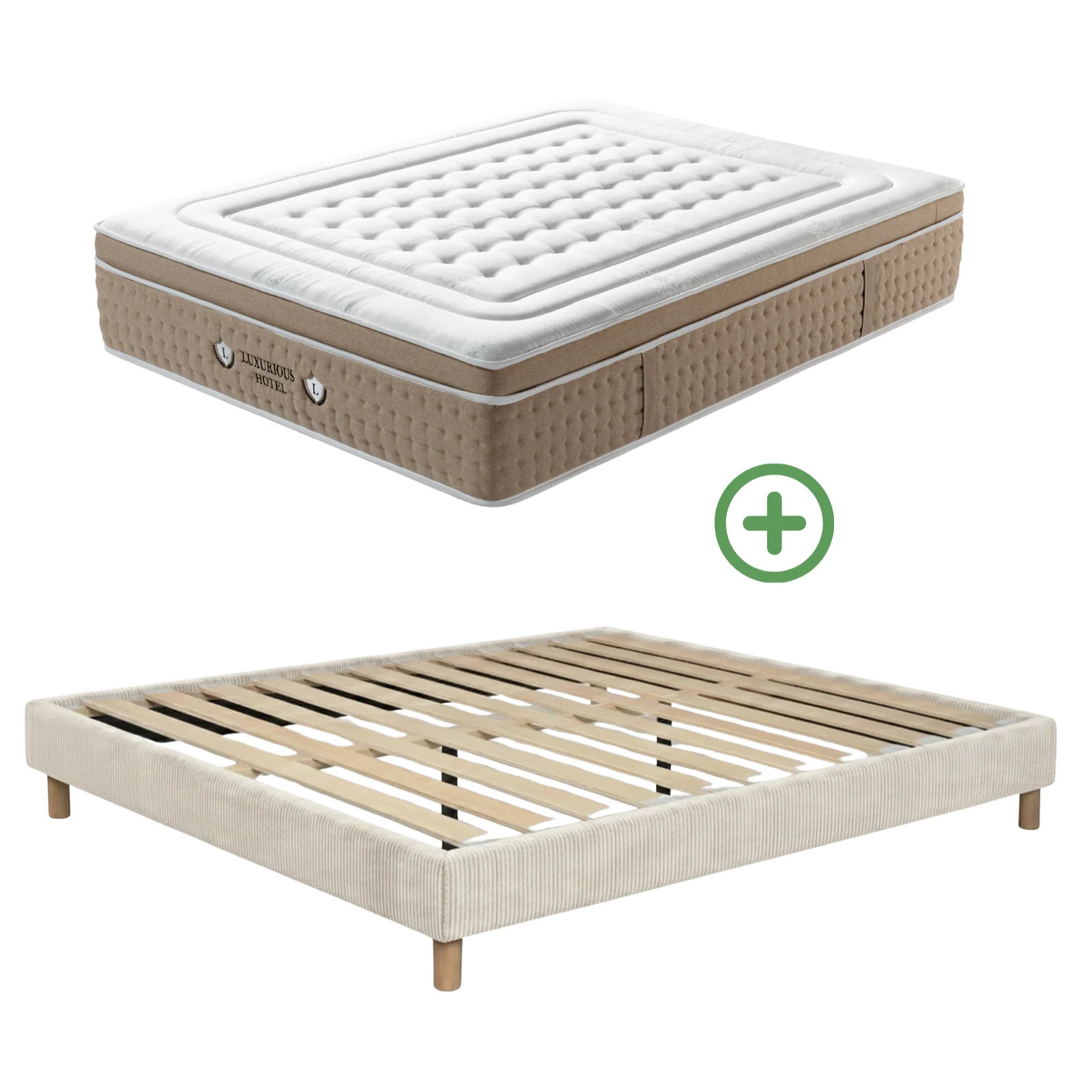 Ensemble matelas Bali & sommier Cancun | Mémoire de forme et ressorts ensachés | Cadre à lattes | Velours côtelé | Beige