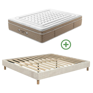Ensemble matelas Bali & sommier Cancun | Mémoire de forme et ressorts ensachés | Cadre à lattes | Velours côtelé | Beige
