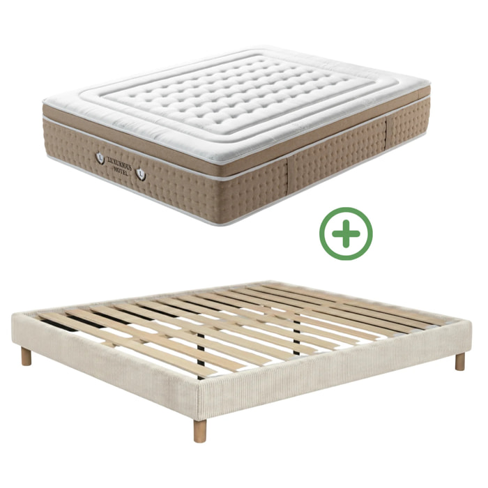 Ensemble matelas Bali & sommier Cancun | Mémoire de forme et ressorts ensachés | Cadre à lattes | Velours côtelé | Beige