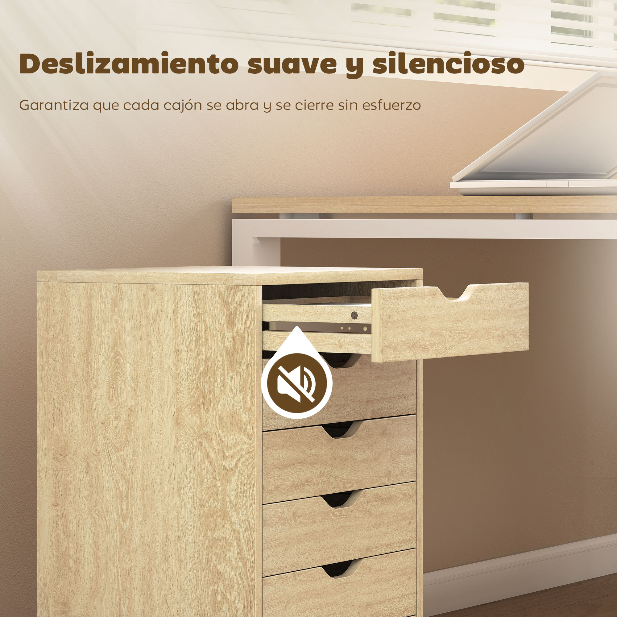 Cajonera Escritorio, Archivador Móvil con 6 Cajones, Soporte para Impresora con Ruedas, Guías Deslizantes Silenciosas, para Oficina, Casa, Roble
