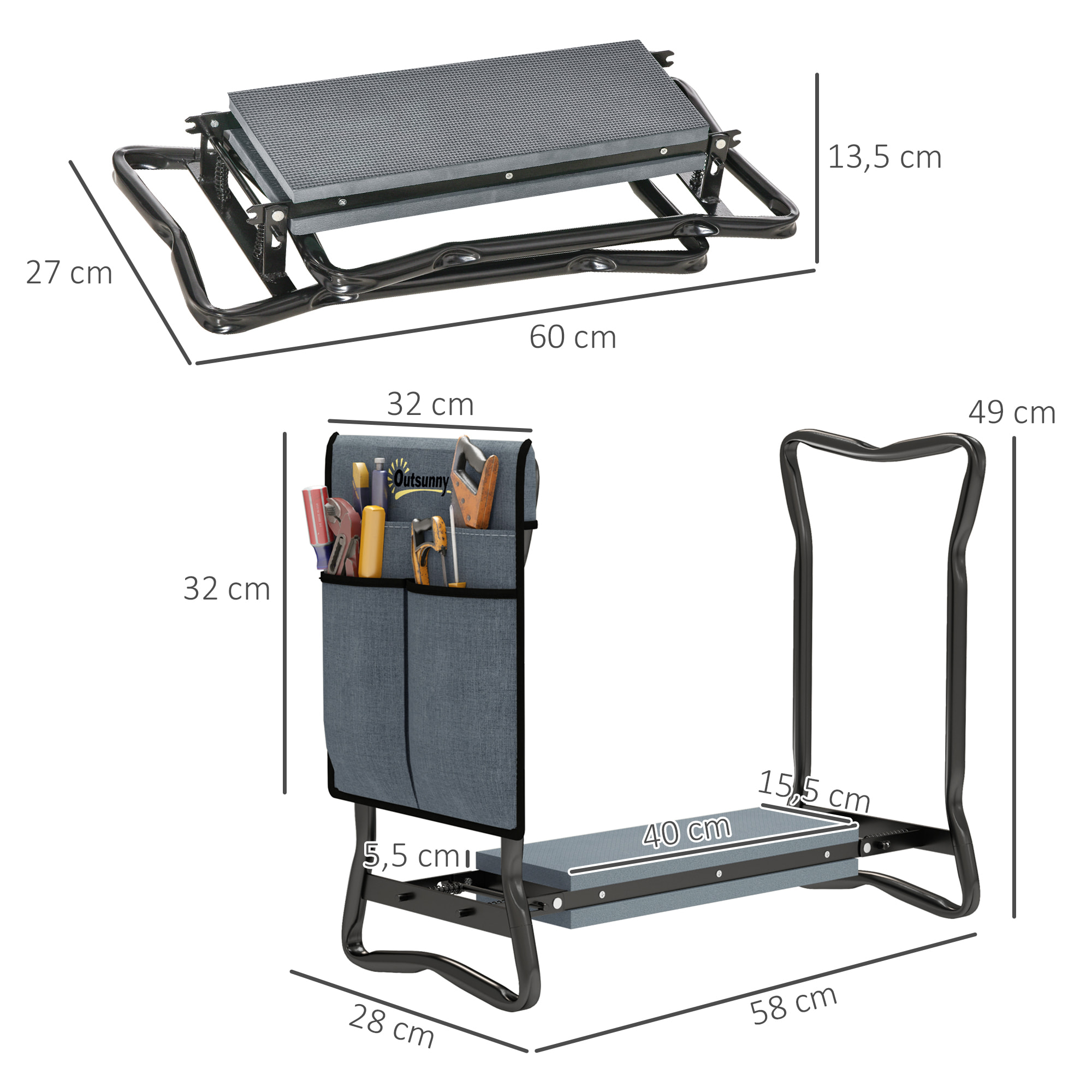 Tabouret de jardin pliable agenouilloir de jardin siège jardinage avec coussin pochette rangement outils gris