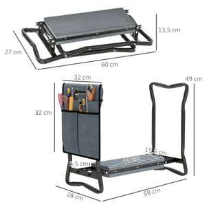 Tabouret de jardin pliable agenouilloir de jardin siège jardinage avec coussin pochette rangement outils gris