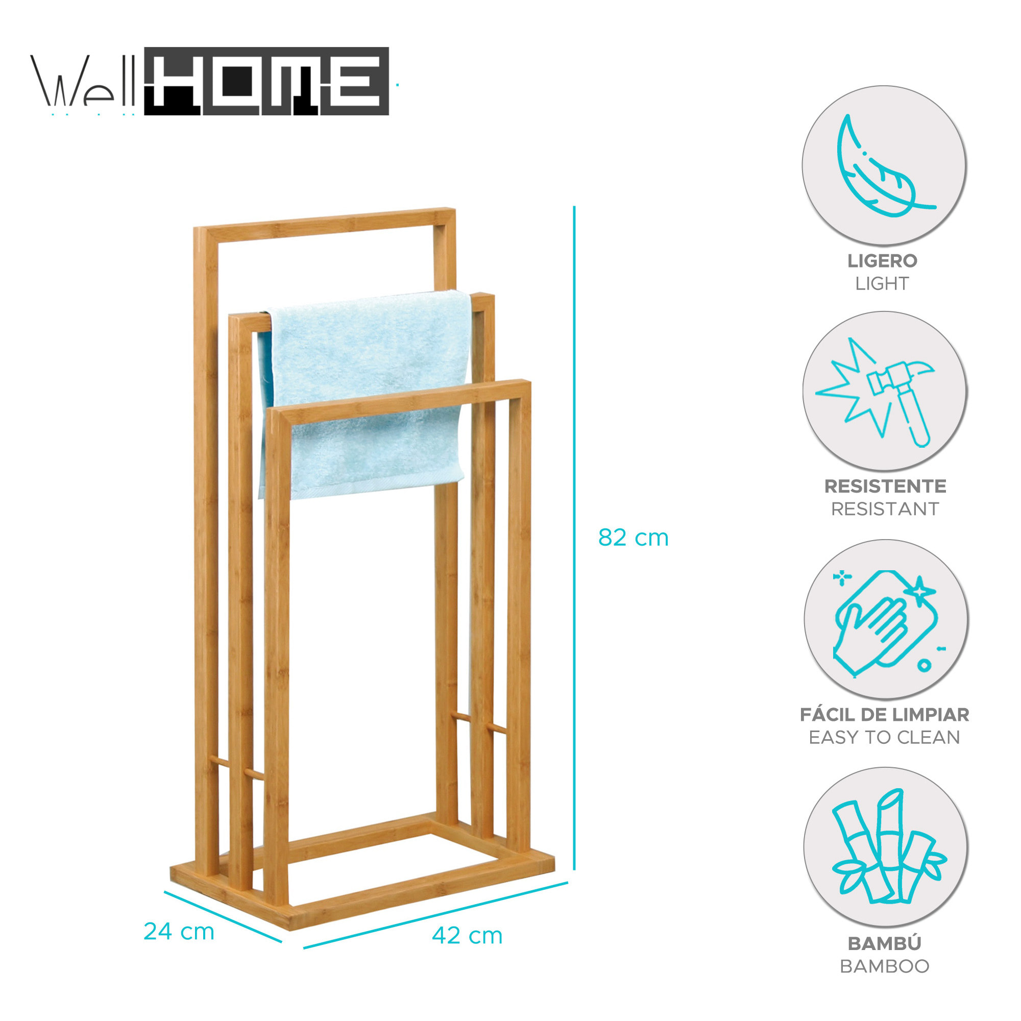 Toallero de Pie en bambú con 3 barras 42x24x82cm