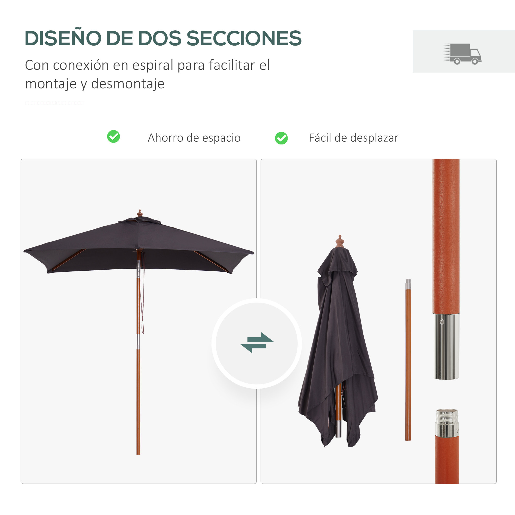 Sombrilla Terraza Exterior 200x150 cm Sombrilla de Jardín Rectangular con áÂngulo Ajustable Mástil de Madera y Manivela Parasol para Patio Terraza Gris Oscuro