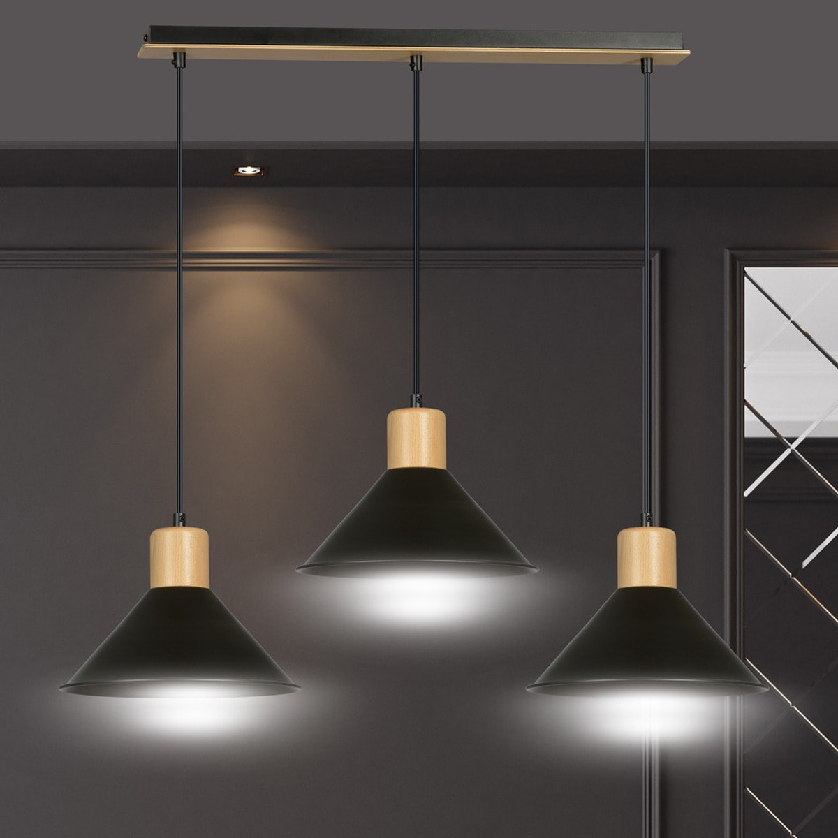 Lampada a sospensione ROWEN in acciaio nero e legno