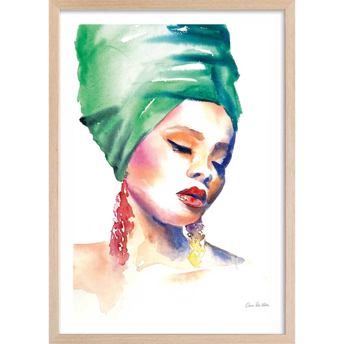 Affiche mode Portrait turban vert Affiche + cadre en bois - Chêne