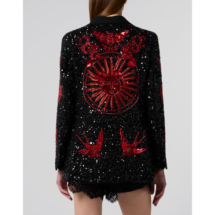 PHILIPP PLEIN Boyfriend's Fit Blazer Butterfly Tattoo Paillettes