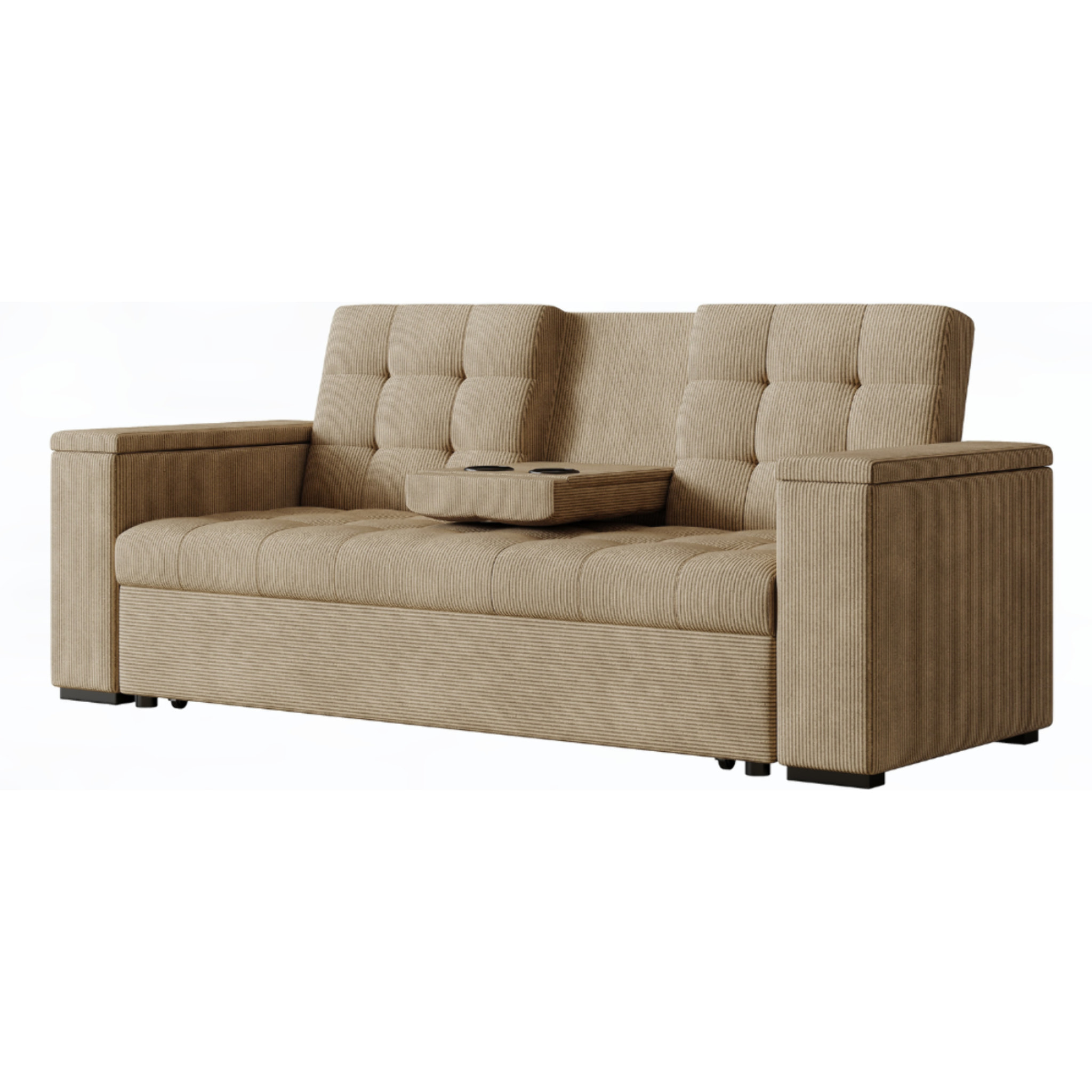 Canapé 3 places convertible avec tablette centrale et accoudoirs amovibles beige velours côtelé TILIA