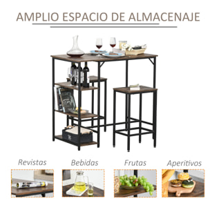 Set de Mesa de Bar y 2 Taburetes con Reposapiés Estantes Comedor Marrón Rústico