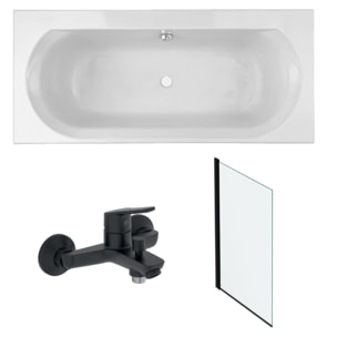 Pack baignoire droite 170 x 75 Elise + mitigeur bain douche noir mat + pare bain noir mat + vidage