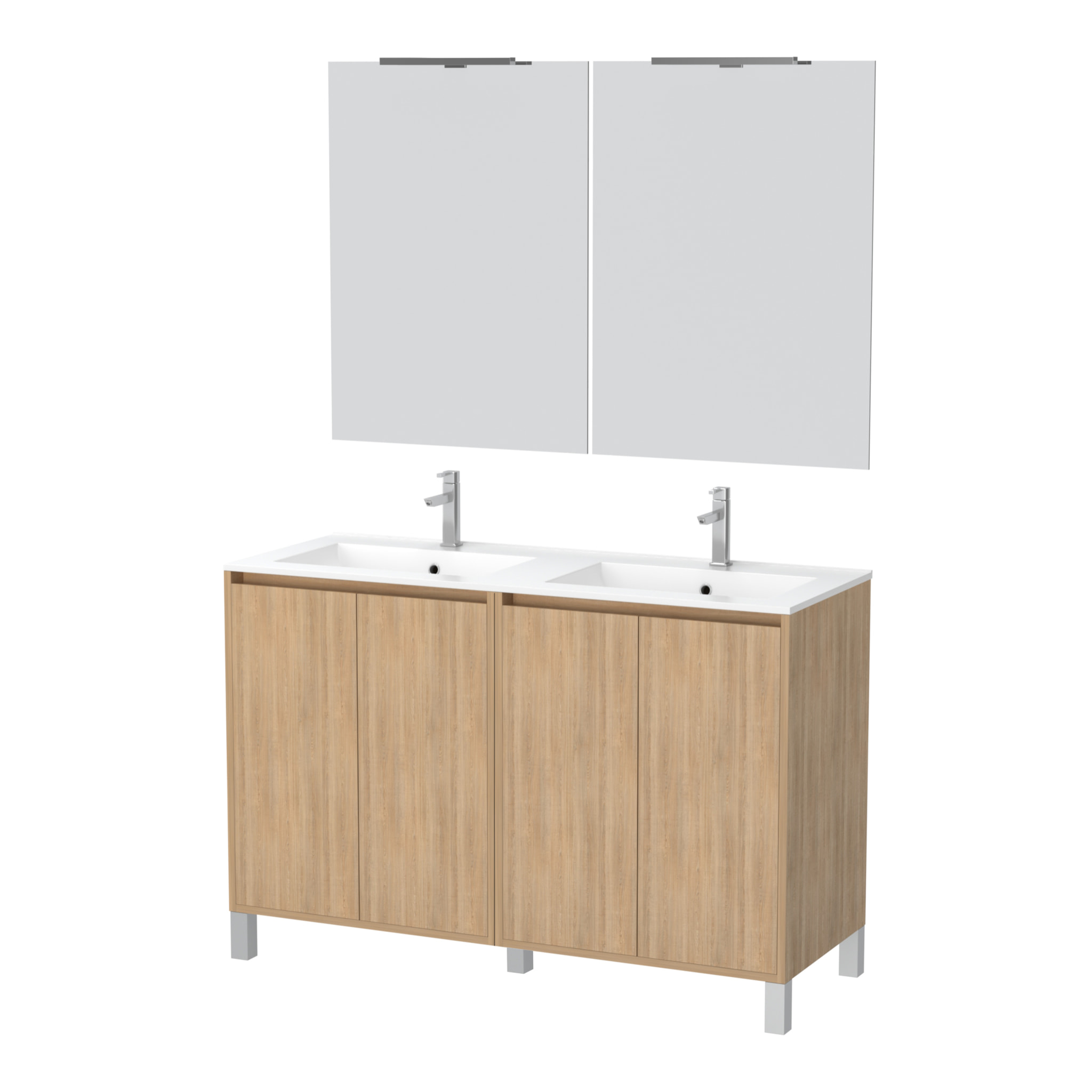 Meuble Salle de Bains 120 cm Chêne Clair 4 Portes, Vasque, Miroirs 60x80 et Réglettes Led - XENOS