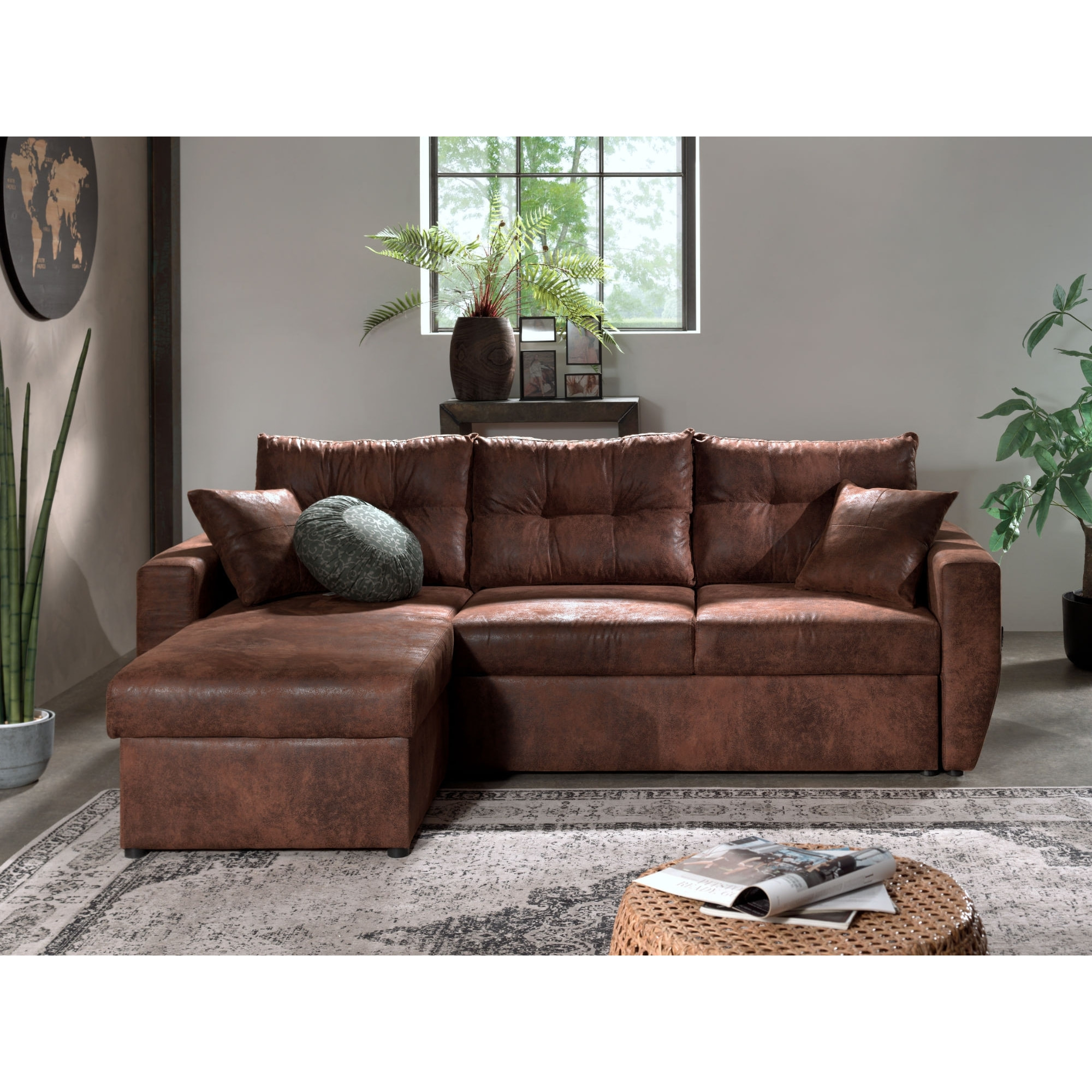 Astoria - canapé d'angle réversible - convertible avec coffre - style industriel - 4 places - Marron