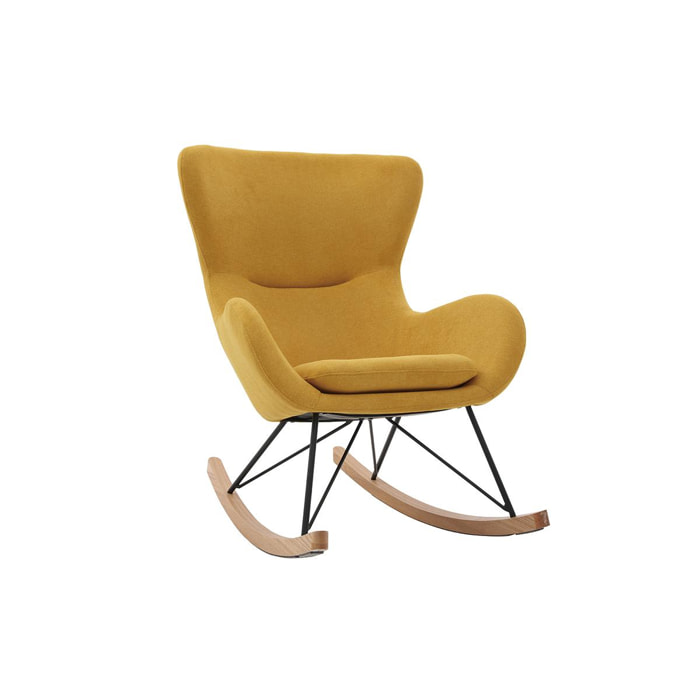 Rocking chair scandinave en tissu effet velours jaune moutarde, métal noir et bois clair ESKUA