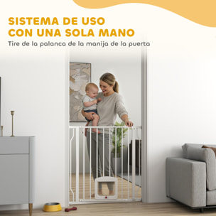 Barrera de Seguridad para Perros Extensible 75-85 cm, para Puertas y Escaleras, Barrera para Perros con Puerta Pequeña, Montaje a Presión, Doble Bloqueo, Blanco