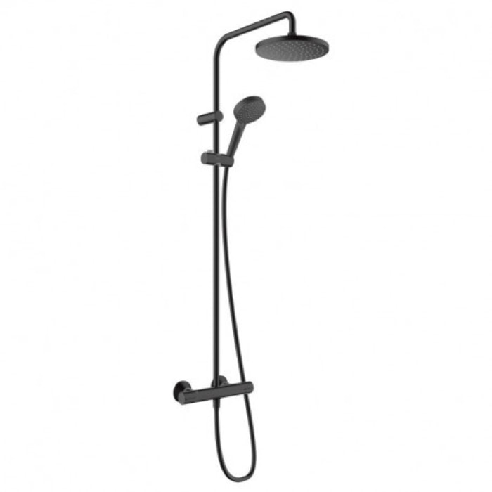 Pack douche : Porte coulissante 120cm + Colonne de douche avec mitigeur thermostatique Hansgrohe + Receveur 120x80cm Noir