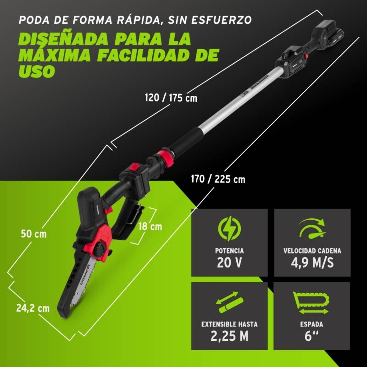 Podadora de altura telescópica batería litio 20V potente y manejable -GREENCUT PP200L