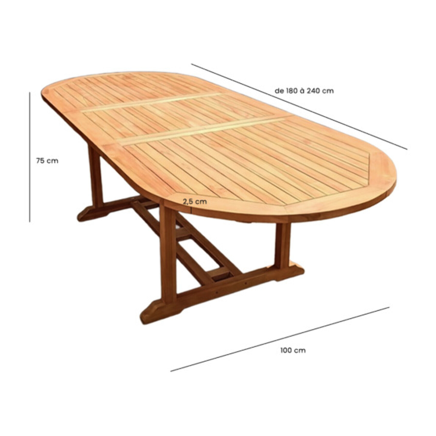 Table de jardin ovale extensible 180 à 240 cm bois de teck massif - TECKIA