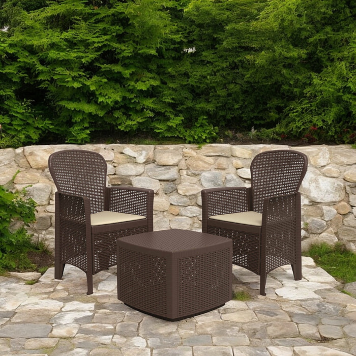 Set salotto da esterno Anny, Composizione da giardino con 2 poltrone ed 1 tavolino contenitore, Salottino effetto rattan, 100% Made in Italy, Marrone