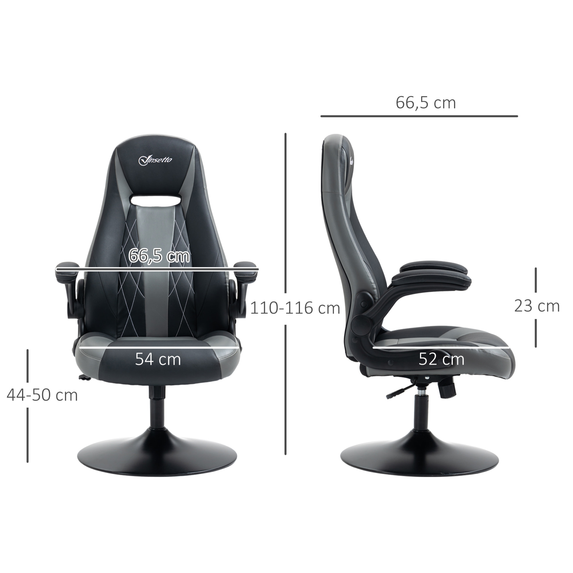 Fauteuil gaming base ronde métal pivotante 360° hauteur réglable fonction dossier bascule accoudoirs relevables PU gris noir