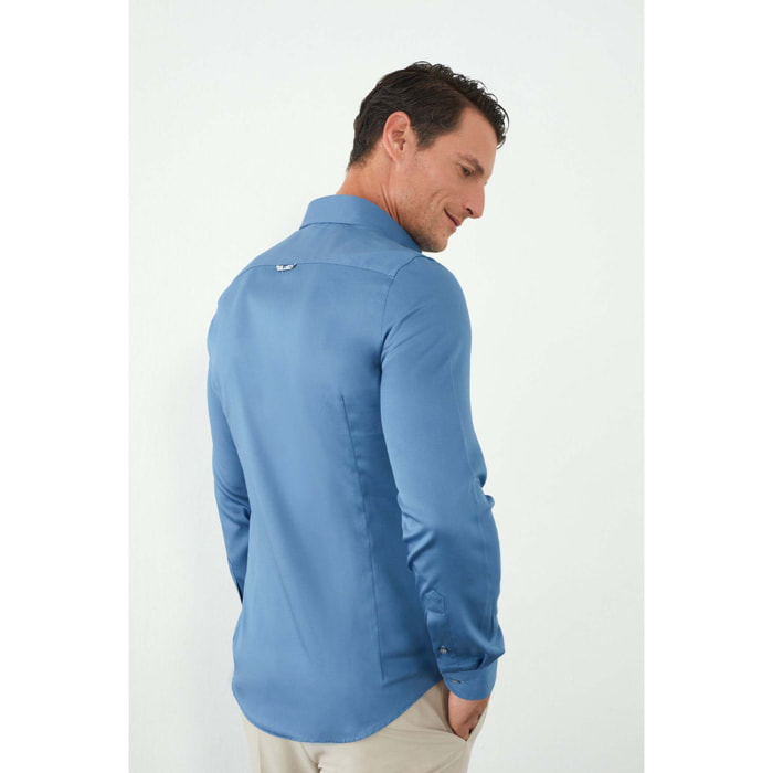 camicia uomo 1 bottone button down slim Satin Unito Blu avion