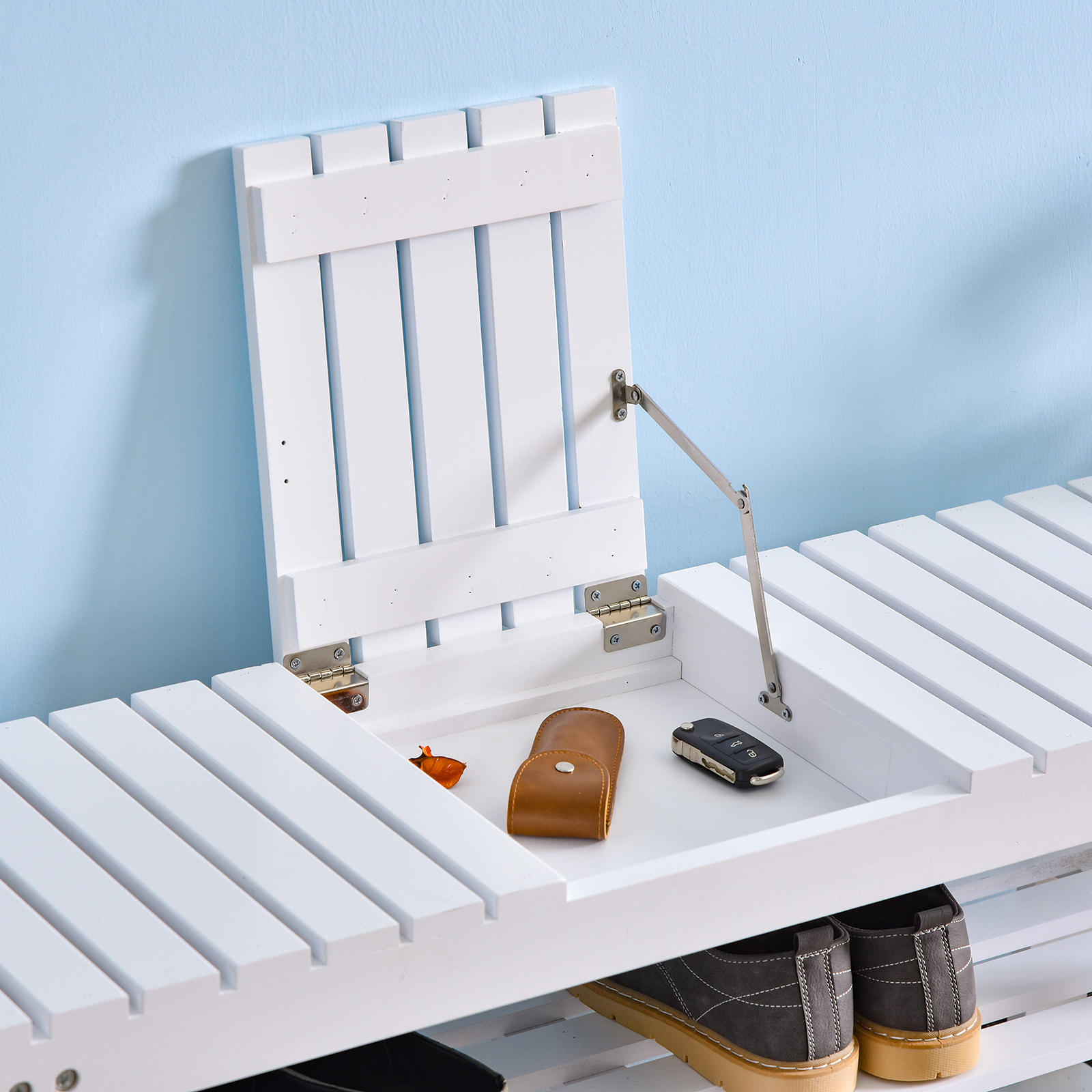 Banc à chaussures - 2 étagères, petit coffre de rangement - dim. 90 x 29 x 45 cm - MDF bois blanc