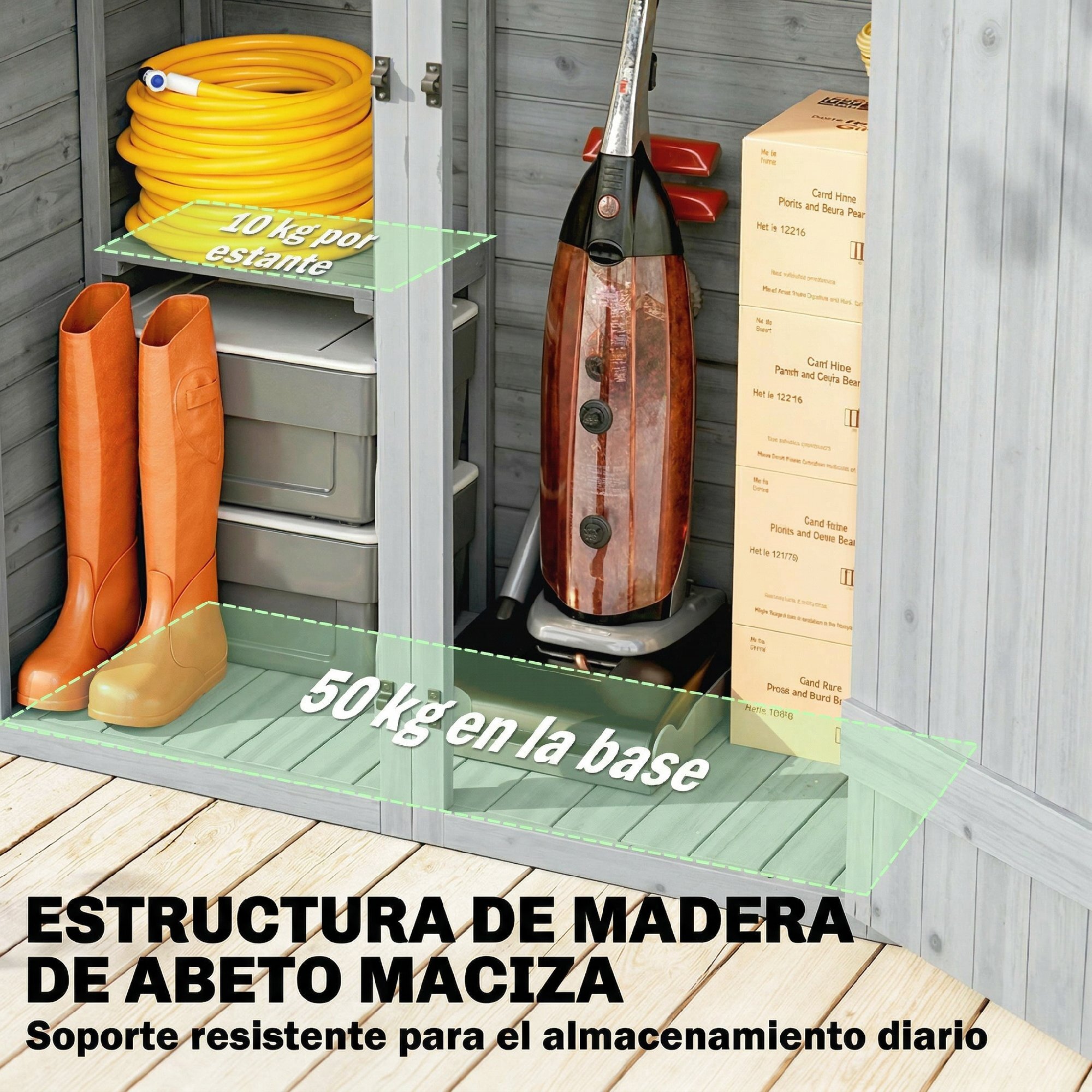Caseta de Jardín de Madera 115x53x156 cm, Cobertizo Jardín Exterior, Armario Exterior para Herramientas con Puertas Dobles con Pestillo, 2 Estantes y Techo Inclinado, Resistente, Gris
