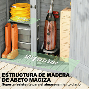 Caseta de Jardín de Madera 115x53x156 cm, Cobertizo Jardín Exterior, Armario Exterior para Herramientas con Puertas Dobles con Pestillo, 2 Estantes y Techo Inclinado, Resistente, Gris