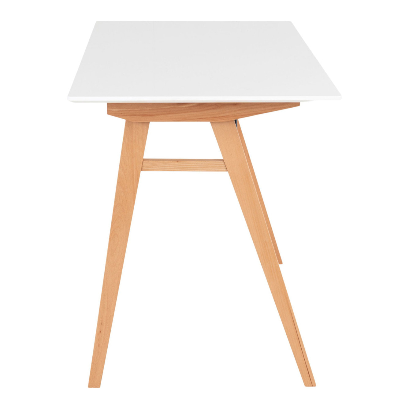 Scrivania Vojens bianca con gambe in legno naturale, 120×60×75 cm